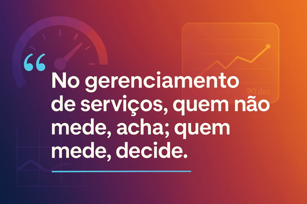 Citação sobre métricas em gestão de serviços, fundo degradê com ícones de velocímetro, linha de tendência e gráfico de barras.